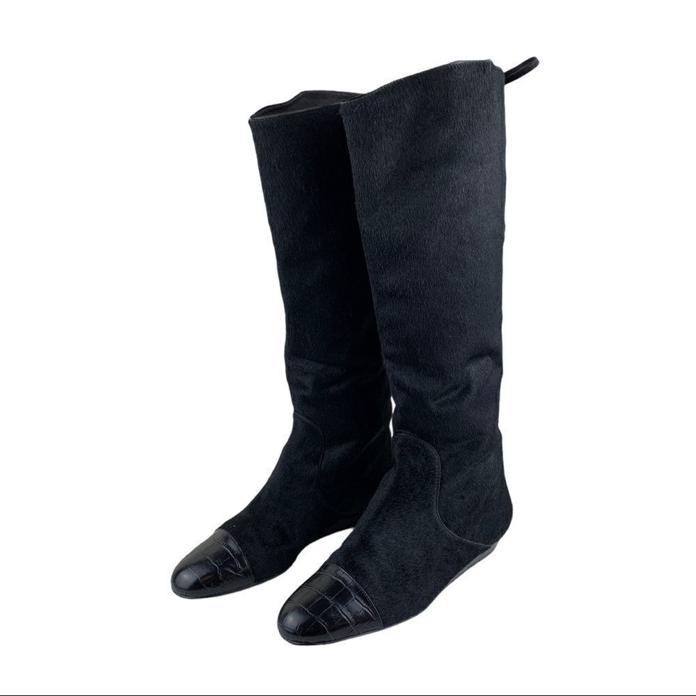 Migliorini Black Calf-Hair Tall Wedge Boots Back-Lace Detail